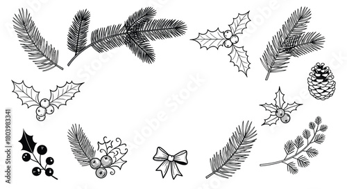 Wallpaper Mural Festive winter botanical arrangement featuring evergreen branches, holly, pinecone, and a decorative bow, perfect for holiday designs and seasonal illustrations. Torontodigital.ca