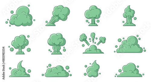 Collection of cartoon green smoke or gas cloud puffs and explosions in various shapes and sizes, isolated on a white background.