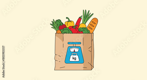 A brown paper bag overflowing with fresh produce and a scale indicating weight, representing grocery shopping and healthy eating habits.