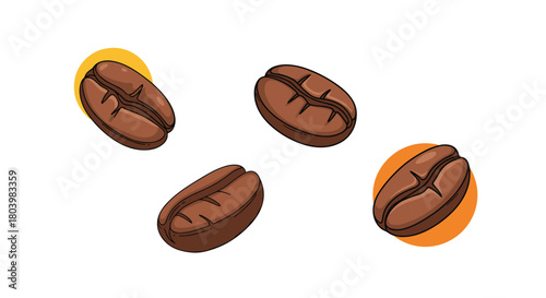 A vibrant illustration of four roasted coffee beans scattered against a clean white background, showcasing their rich brown color and distinctive shape.