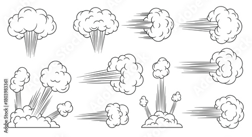 Collection of cartoon explosion and smoke effects in various shapes and sizes, ideal for comic book style action scenes and dynamic illustrations.