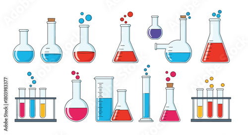 Colorful collection of laboratory glassware including beakers, flasks, test tubes, and graduated cylinders, representing chemistry and scientific experiments.