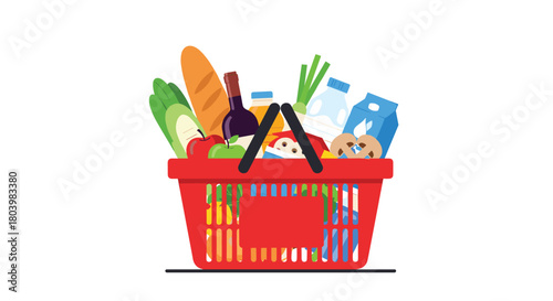 A vibrant red shopping basket overflows with a colorful assortment of fresh groceries including fruits, vegetables, dairy, and pantry staples, representing a typical grocery shopping haul.
