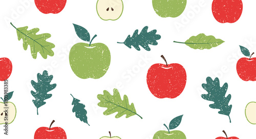 Seamless autumn pattern featuring red and green apples, oak leaves, and apple slices on a white background, perfect for fall-themed designs and backgrounds.