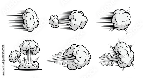 Collection of cartoon explosion and impact effects with speed lines, ideal for comic books, graphic design, and action scene illustrations.