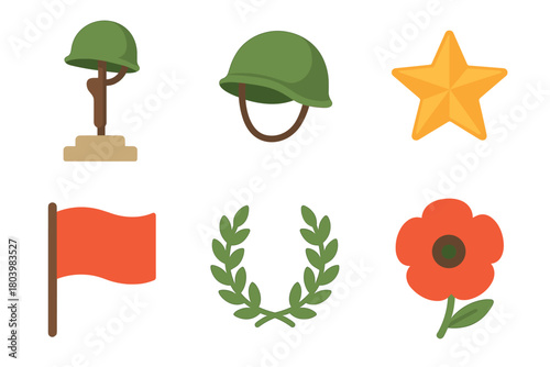 Military symbols representing service and remembrance for veterans. Set of 6 vector illustration