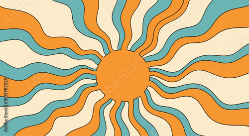 Retro sunburst illustration with wavy lines in orange and teal, evoking a vintage 1970s aesthetic and warm summer vibes, perfect for backgrounds.