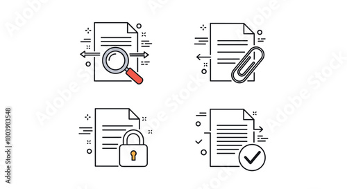 Document management icons depicting search, attachment, security, and completion, representing file organization and data handling processes.