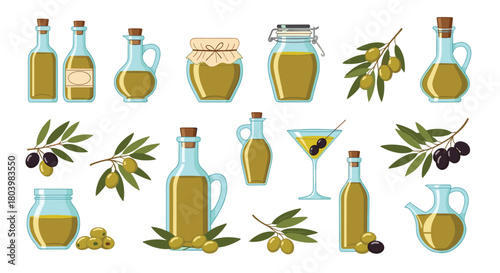 A colorful collection of olive oil bottles, jars, and branches with olives, showcasing various packaging and presentation styles for the product.