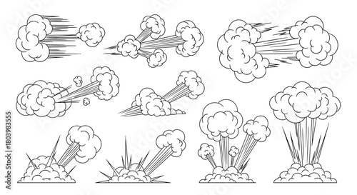 Collection of cartoon explosion effects in black and white line art, depicting various impact shapes and sizes for comic book or game design.
