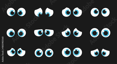 A collection of cartoon eyes in various expressions, including wide-eyed, squinting, and surprised looks, perfect for animation and character design.