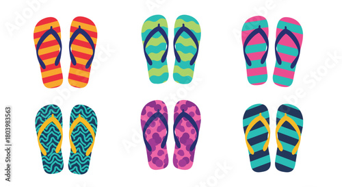 Colorful collection of patterned flip-flops arranged in a grid, perfect for summer vacation, beach trips, or poolside relaxation imagery.