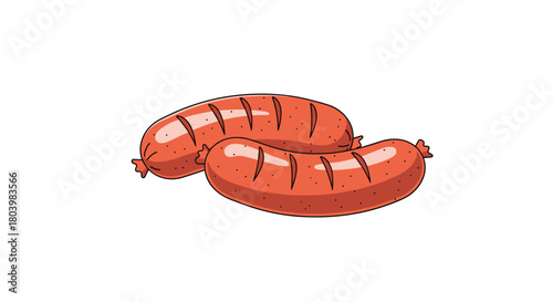 Two plump, reddish-brown sausages linked together, displaying grill marks, presented on a white background for culinary or food-related illustrations.