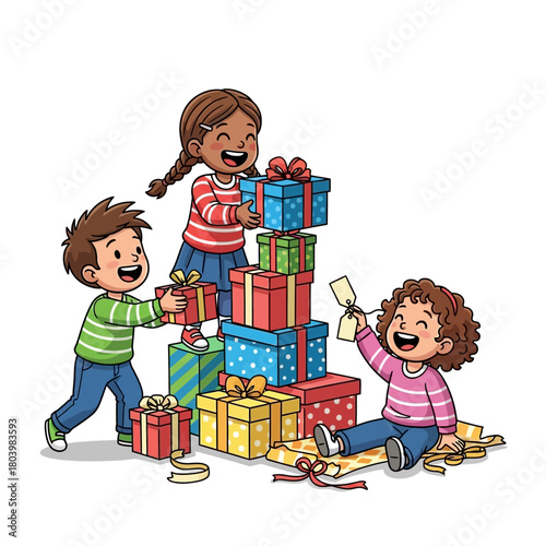 Children's Joyful Celebration Building a Tower of Wrapped Gifts with Festive Cheer and Excitement!