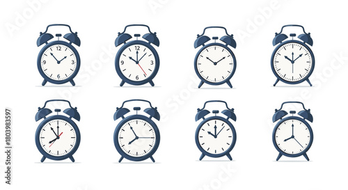 Collection of vintage blue alarm clocks displaying various times, isolated on a white background, representing schedules and morning routines.