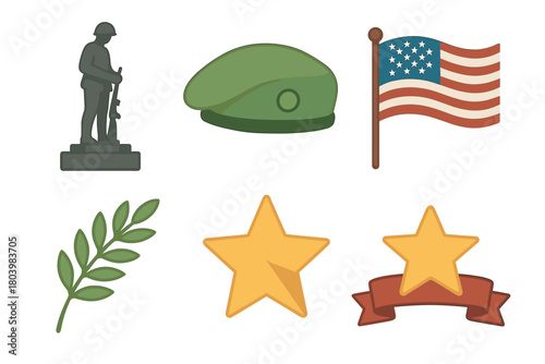 Military tribute with soldier statue, flag, and honors symbols. Set of 6 vector illustration