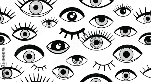 A whimsical pattern of various stylized eyes in black and white creates a captivating and slightly surreal visual texture, perfect for backgrounds or design elements.
