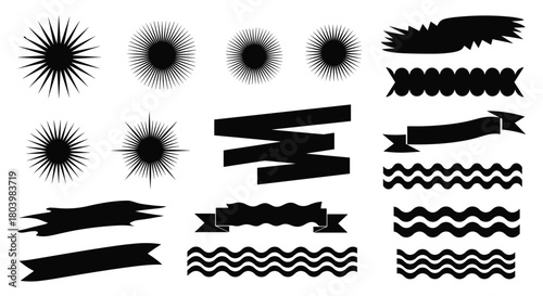 Collection of abstract black graphic elements including radial bursts, wavy lines, and ribbon banners for design projects and decorative purposes.