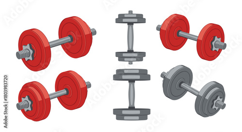 A colorful assortment of dumbbells and weight plates arranged for fitness and exercise illustration, showcasing adjustable weights and gym equipment.