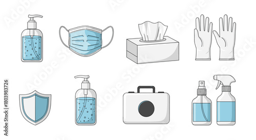Collection of essential hygiene and protective items including hand sanitizer, face masks, gloves, tissues, and disinfectant spray for health and safety.