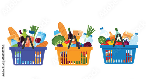 Colorful shopping baskets filled with groceries and fresh produce are displayed in a bright, cheerful arrangement, representing a successful shopping trip.