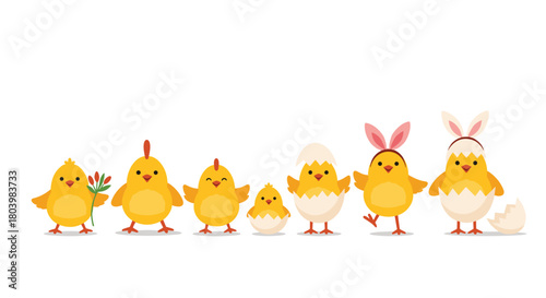 A cheerful row of cartoon chicks in various stages of growth and dressed in playful Easter bunny costumes stands against a white background.