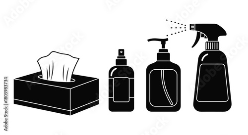 Black and white vector illustration of common household hygiene items including tissues, hand sanitizer, and spray bottles for cleaning, emphasizing cleanliness.