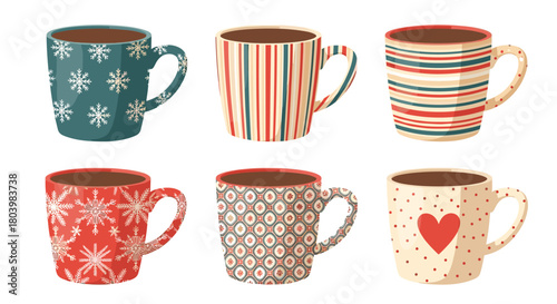Festive collection of six colorful ceramic mugs filled with hot beverages, showcasing various winter and holiday patterns and designs.