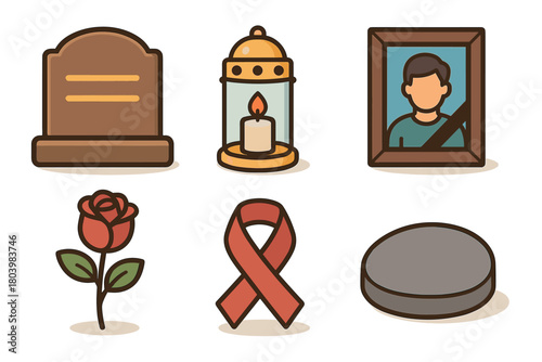 Symbols of remembrance and tribute during memorial occasions. Set of 6 vector illustration