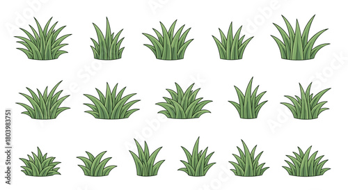 A collection of cartoon-style green grass tufts in varying shapes and sizes, isolated on a white background, perfect for game development or illustrations.