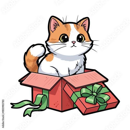 An adorable ginger and white cartoon kitten popping out of a red gift box, a delightful unboxing surprise for a special holiday