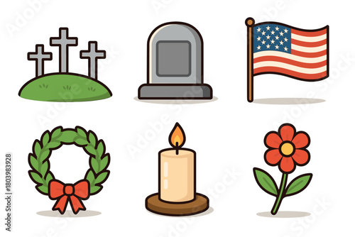Memorial celebration honoring American veterans and lost loved ones. Set of 6 vector illustration