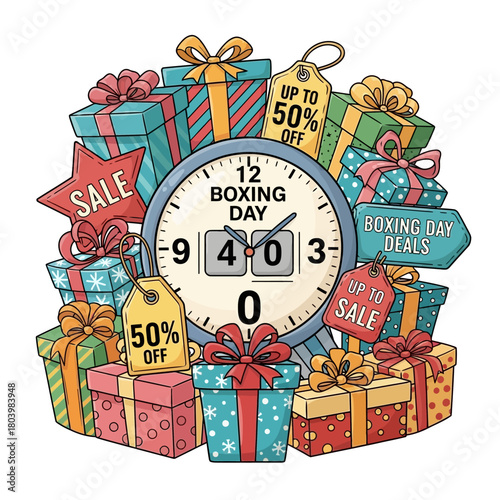 Boxing Day Deals and Sale Promotion with Gift Boxes and a Clock, Festive Season Discount