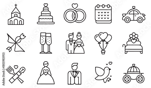 Marriage and event planning icons showing cake, bouquet, rings and ceremony car
