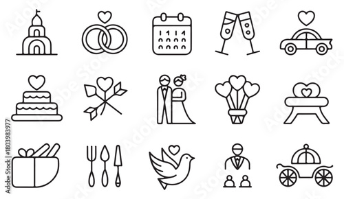 Minimal wedding vector icons of couple, flowers, carriage and celebration tools