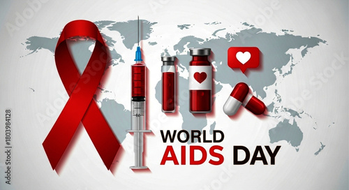World AIDS Day: Red Ribbon, Syringe, Vial, Pills, Heart Icon