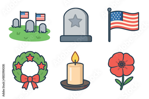 Memorial Day tribute with flags, flowers, and candles for remembrance. Set of 6 vector illustration