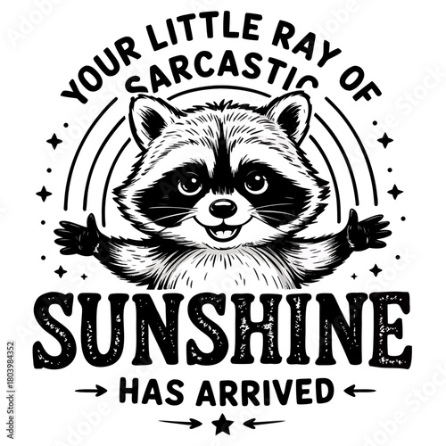 A black and white illustration of a raccoon with a sly
smile, drawn in a woodcut print style. The raccoon's arms are spread outward in a welcoming gesture, with a star above each arm