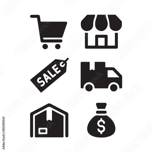 Minimal Black Solid Icon Set – Brain, User, Supply Chain & Logistics Symbols