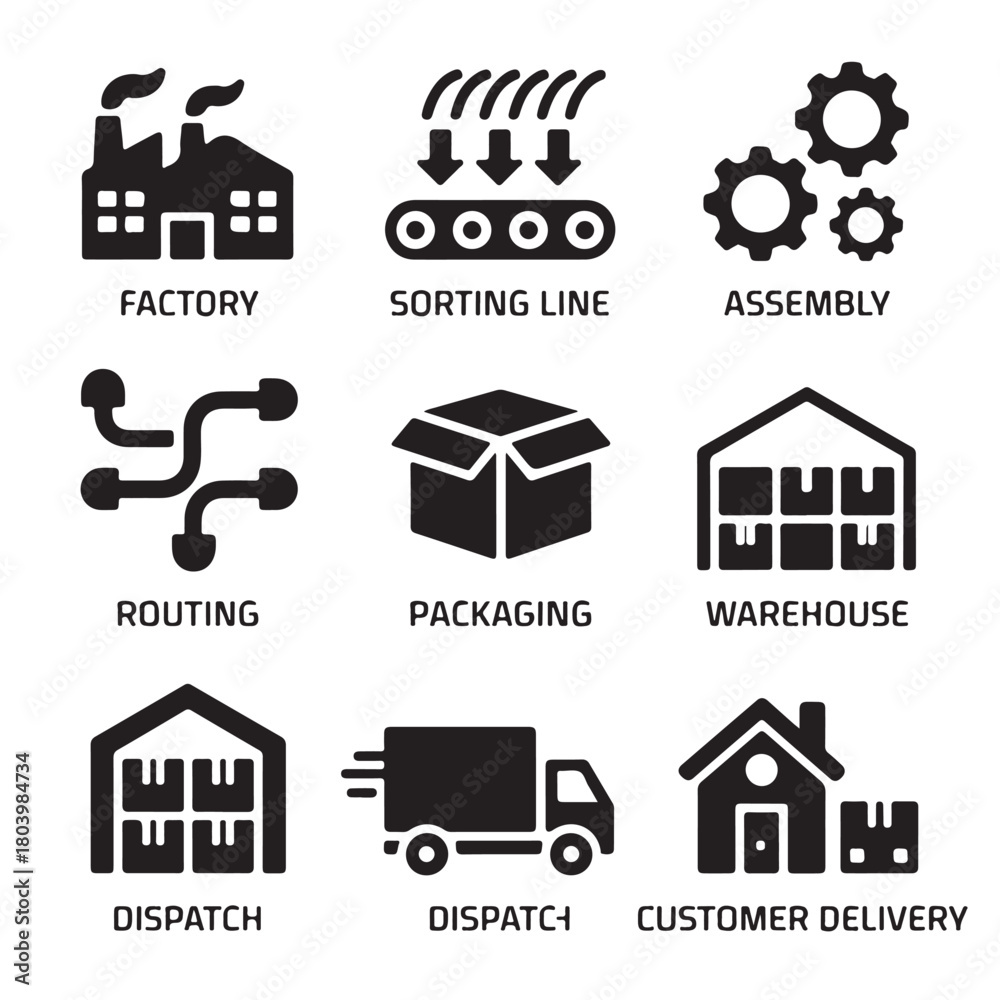 Naklejka premium Minimal Black Solid Icon Set – Brain, User, Supply Chain & Logistics Symbols