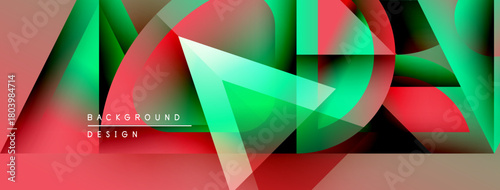 Abstract geometric shapes overlap. Vibrant red, green hues dominate design. Modern background features dynamic flow, gradients.