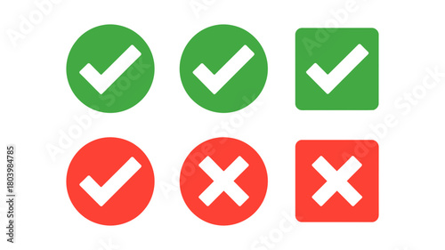 Set of green checkmarks and red crosses in circles and squares isolated on