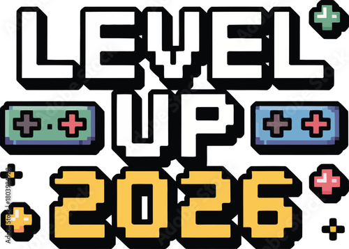 Level Up 2026 Pixel Gamer Text – Retro Game New Year Illustration