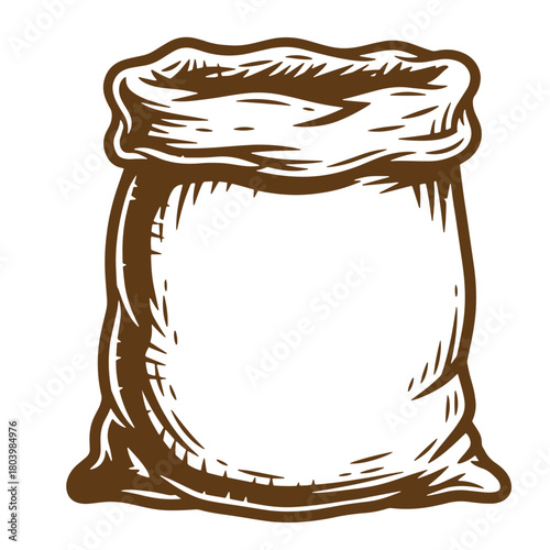 Hand drawn sketch style vintage art illustration of empty burlap sack on white background
