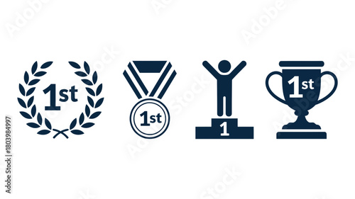 Collection of first place award icons including laurel wreath, medal, podium, and trophy isolated on