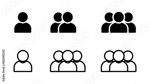 Icons representing groups of people, from one person to a small crowd, in solid and outline style