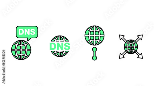 Collection of dns related icons including globes and arrows isolated on