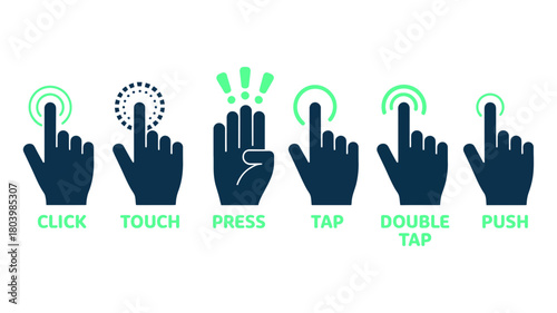 Set of hand gesture icons representing touch screen interactions, isolated on