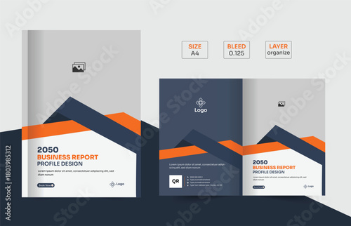 Clean dark blue Bi-Fold brochure and company profile cover template featuring customizable corporate layout for professional annual report print design.