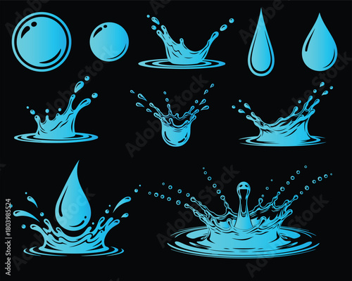 Blue water splash sets vector collection, dynamic liquid flow graphic, isolated ocean wave element, refreshment design, aqua abstract droplet illustration, summer background, cooling